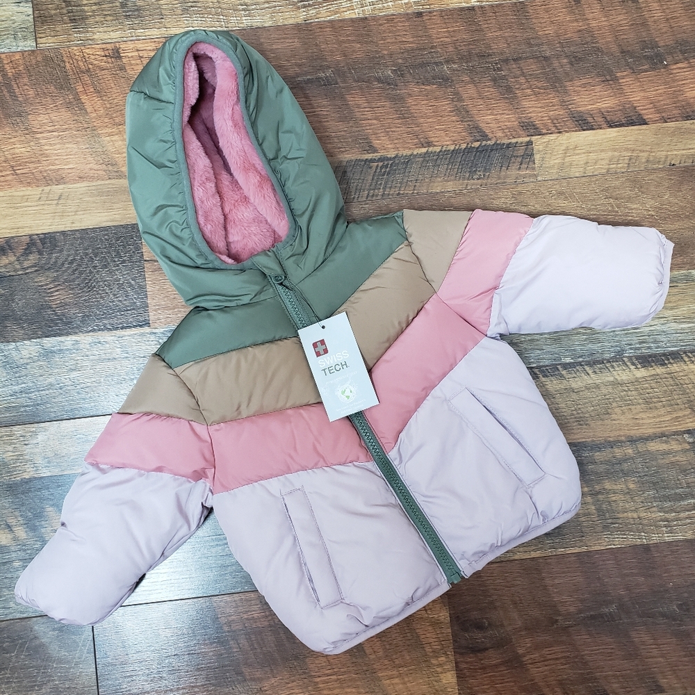 NWT Swiss Tech Pink, Green, Tan Striped Hooded Puffer Jacket, Size 12 Months